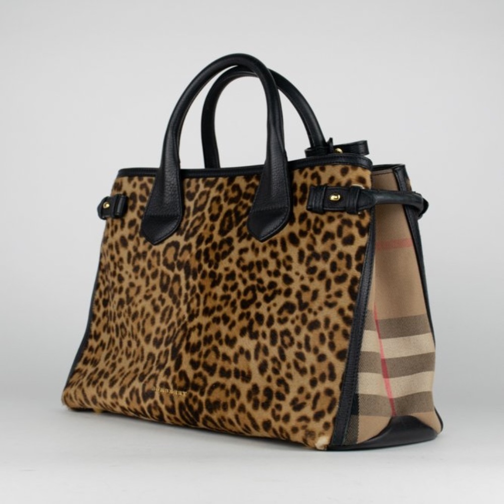 Burberry Leopard Print Leather Trim Tote with Nova Check Sides